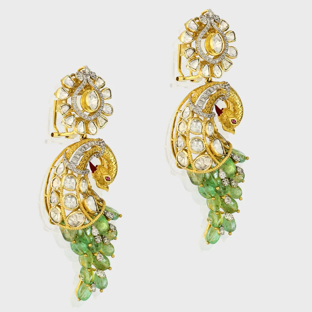 Grace your jewelry collection with this exquisite designer peacock necklace and earring set, featuring dazzling diamond rounds, radiant diamond Polki, and vibrant emeralds and rubies - KMNE3529