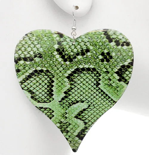 Green Heart Snakeskin Drop Earrings