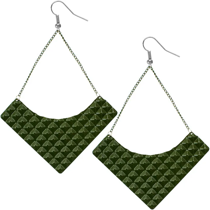 Green Large Pyramid Textured Chain Earrings