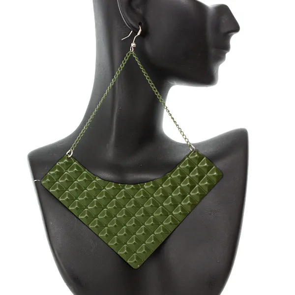 Green Large Pyramid Textured Chain Earrings