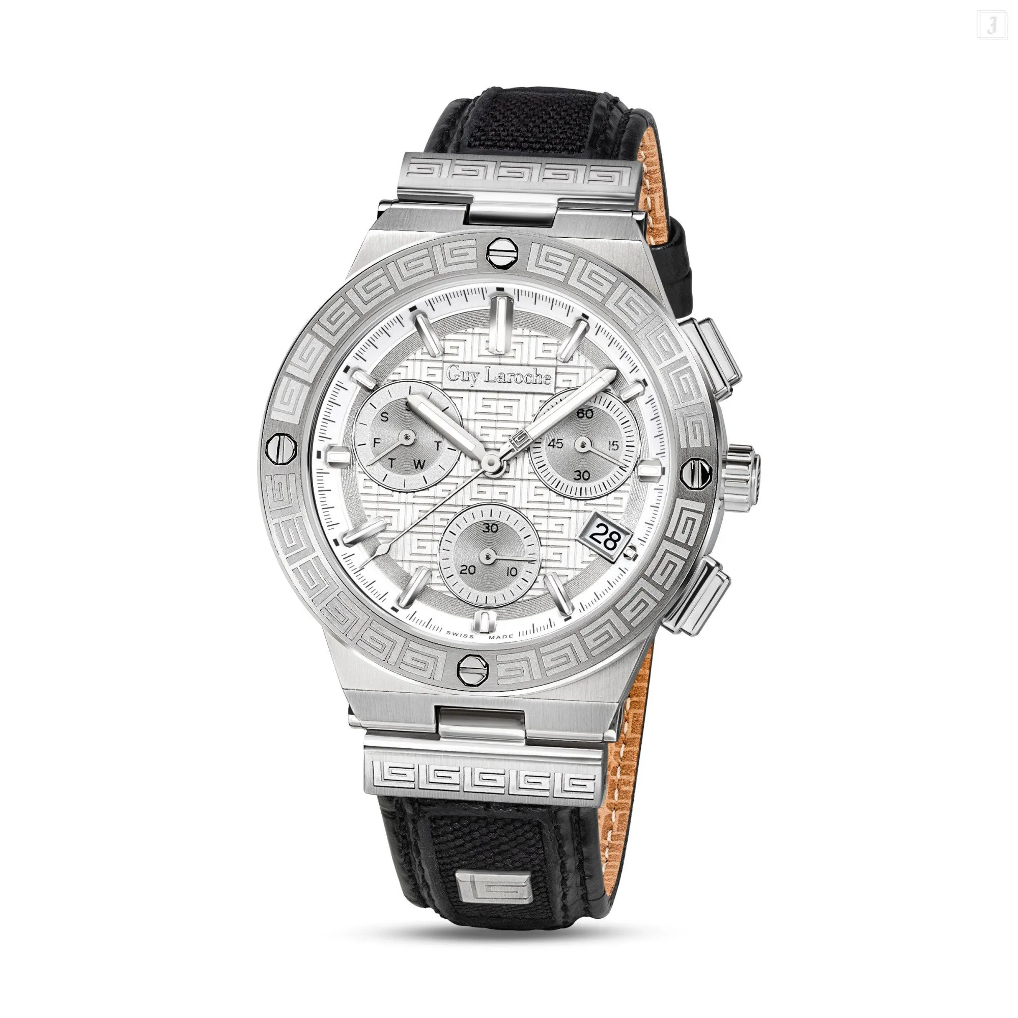 Guy Laroche Sacha Gents White Dial Stainless Steel Case Black Leather Strap Watch