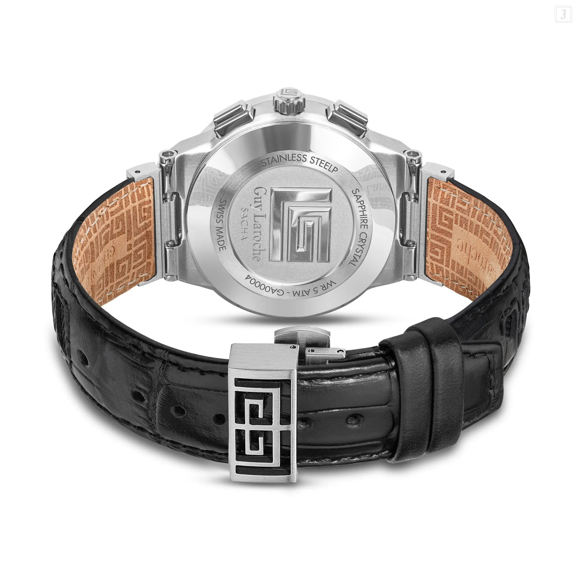 Guy Laroche Sacha Gents White Dial Stainless Steel Case Black Leather Strap Watch