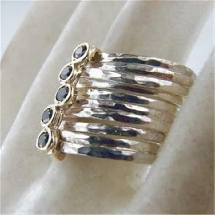 Hadar Designers Handmade 9k Gold Silver Black Diamond Ring 6,7,8,9 (I r416