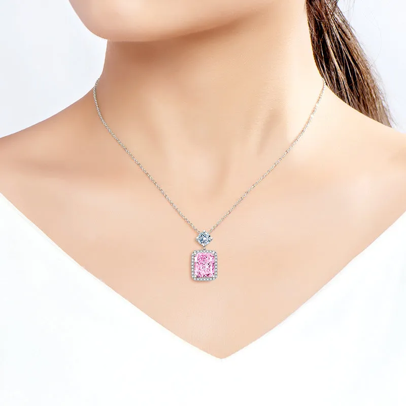 Halo Radiant Cut Pink Created Diamond Pendant Necklace