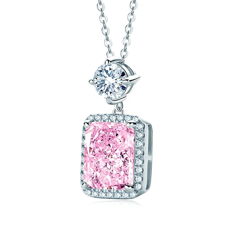 Halo Radiant Cut Pink Created Diamond Pendant Necklace