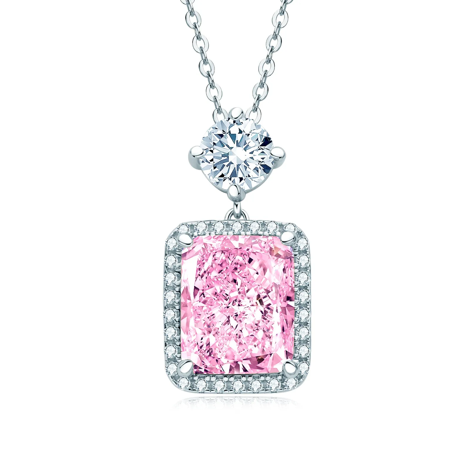 Halo Radiant Cut Pink Created Diamond Pendant Necklace