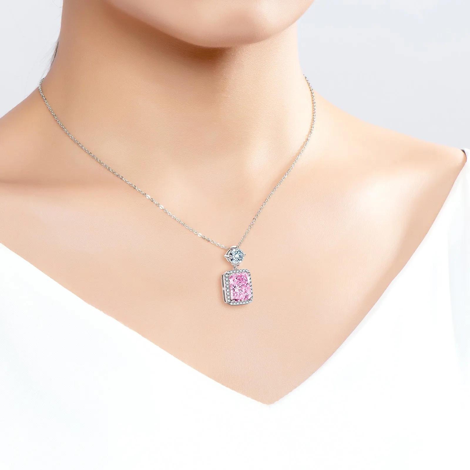 Halo Radiant Cut Pink Created Diamond Pendant Necklace