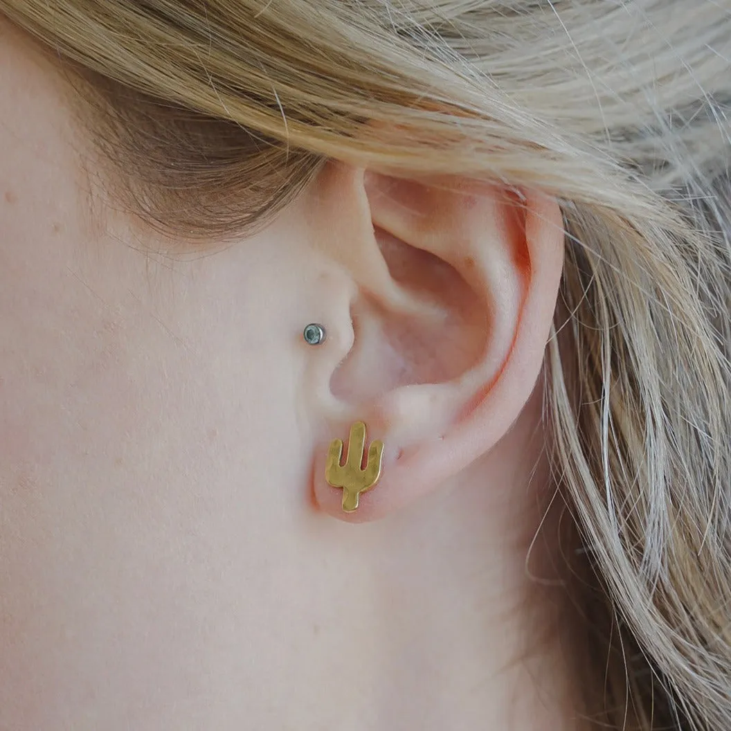 Hammered Brass Tiny Cactus Stud Earrings