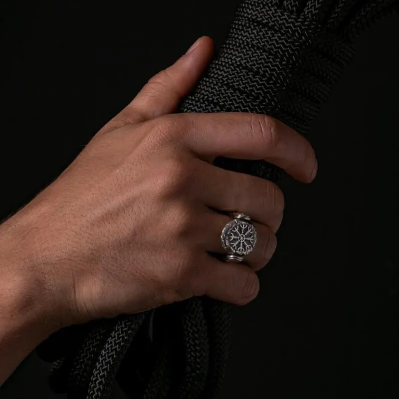 Handcrafted Double Side silver ring Aegishjalmur Vegvisir