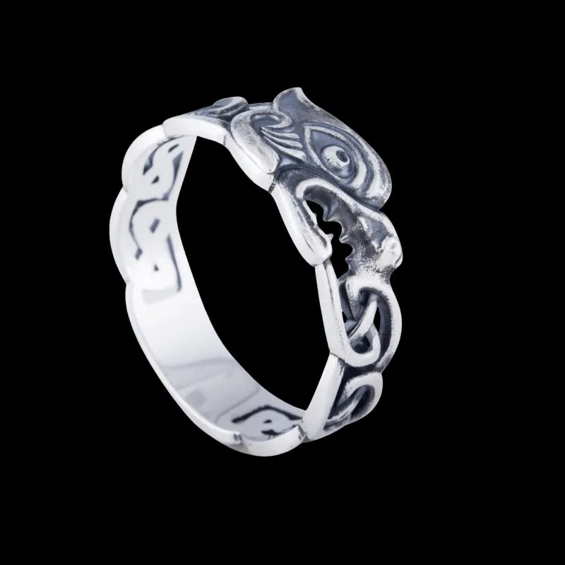 Handcrafted Fenrir Ring with Viking Ornament Sterling Silver Ring