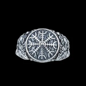 Handcrafted Helm of Awe Symbol Oak Style Sterling Silver Ring