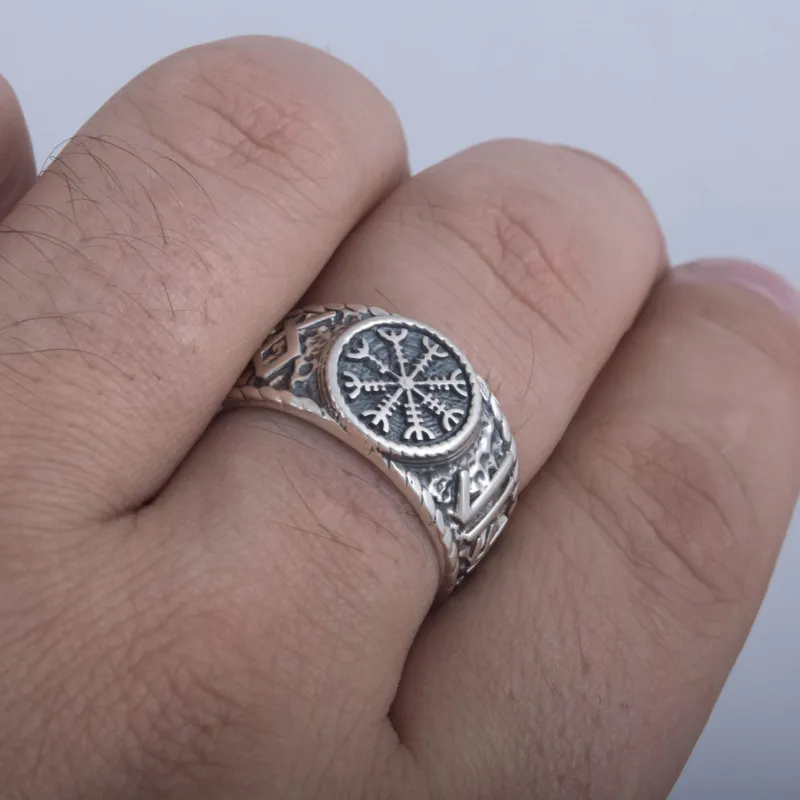 Handcrafted Helm of Awe Symbol with Hail Odin Sterling Silver Ring