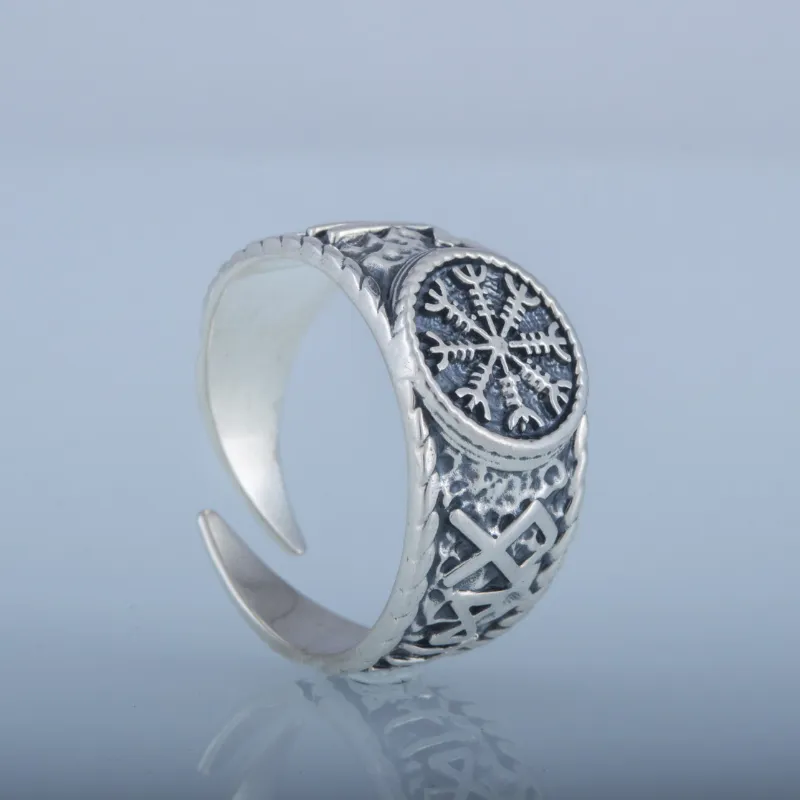 Handcrafted Helm of Awe Symbol with Hail Odin Sterling Silver Ring