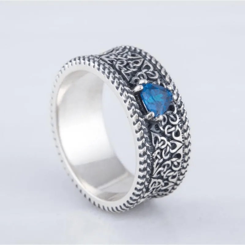 Handcrafted Ornament Ring Triquetra Symbol Style Gem Sterling Silver Ring