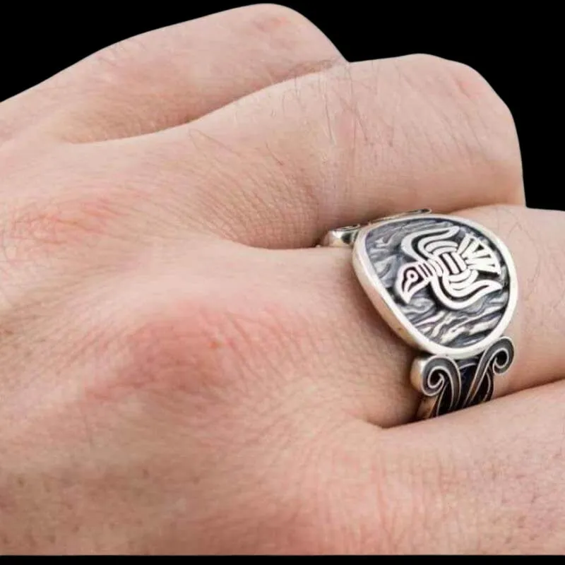 Handcrafted  Raven Ornament Norse Sterling Silver Ring