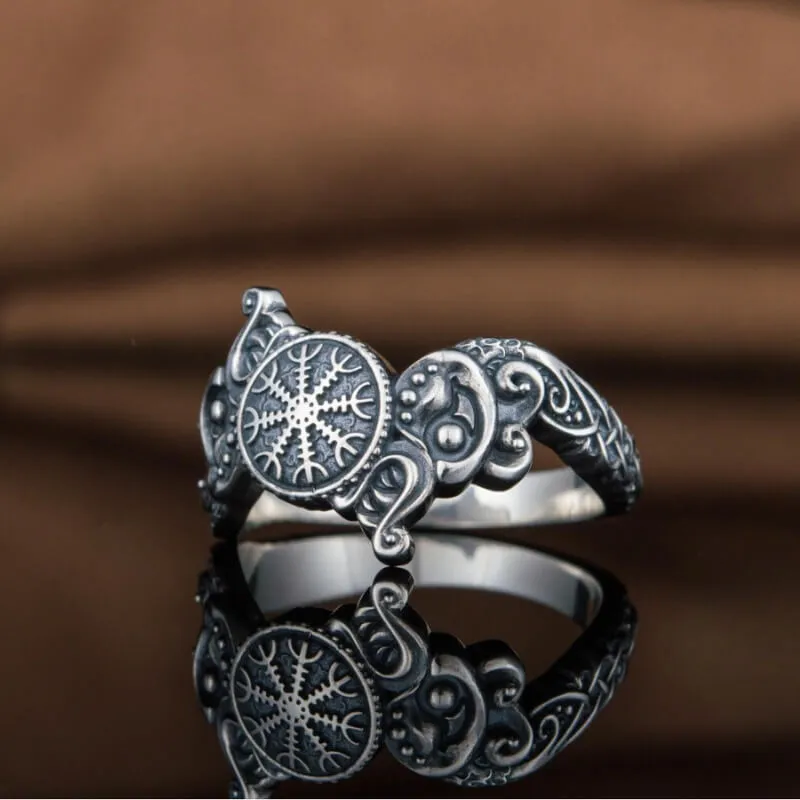 Handcrafted Ring With Helm Of Awe Symbol And Wolf Ornament Sterling Silver Viking Jewelry