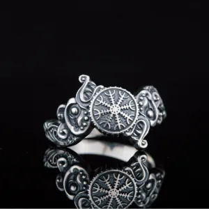 Handcrafted Ring With Helm Of Awe Symbol And Wolf Ornament Sterling Silver Viking Jewelry