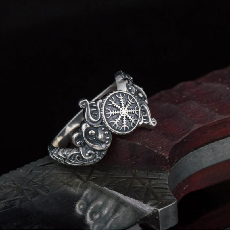 Handcrafted Ring With Helm Of Awe Symbol And Wolf Ornament Sterling Silver Viking Jewelry