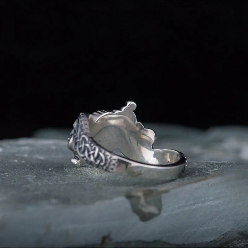 Handcrafted Ring With Helm Of Awe Symbol And Wolf Ornament Sterling Silver Viking Jewelry