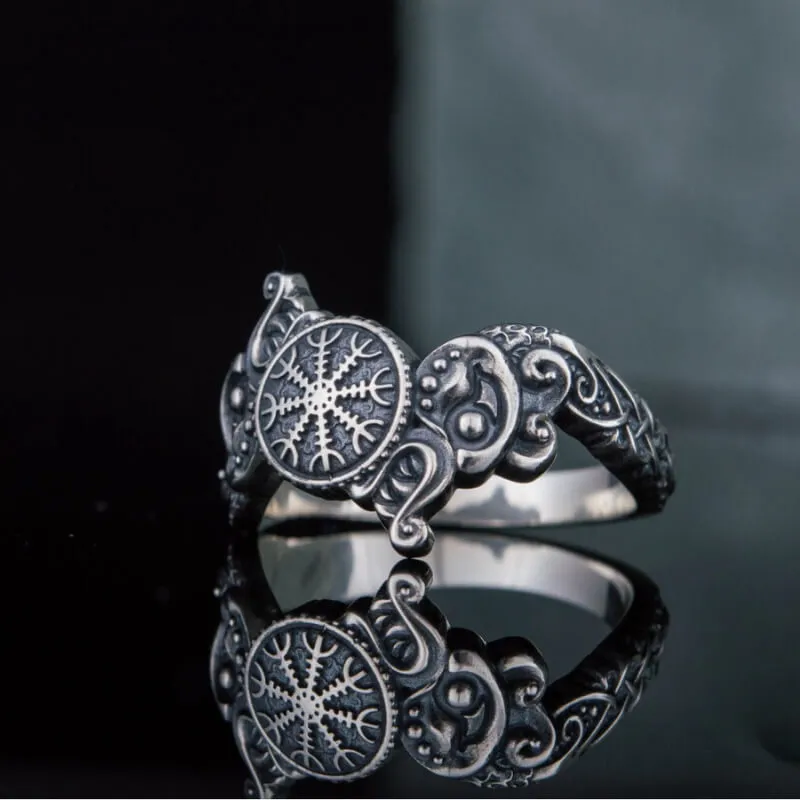 Handcrafted Ring With Helm Of Awe Symbol And Wolf Ornament Sterling Silver Viking Jewelry