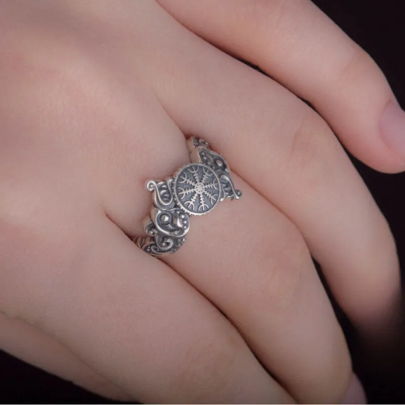 Handcrafted Ring With Helm Of Awe Symbol And Wolf Ornament Sterling Silver Viking Jewelry