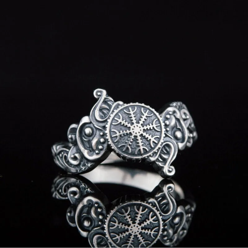 Handcrafted Ring With Helm Of Awe Symbol And Wolf Ornament Sterling Silver Viking Jewelry