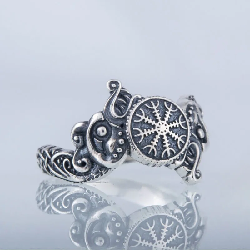 Handcrafted Ring With Helm Of Awe Symbol And Wolf Ornament Sterling Silver Viking Jewelry