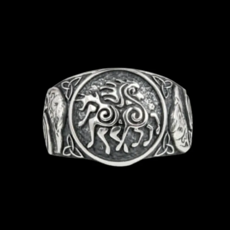 Handcrafted Sleipnir Ancient Ravens Sides Sterling Silver Ring