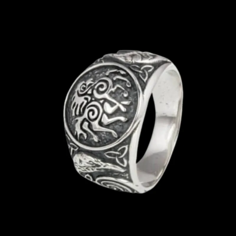 Handcrafted Sleipnir Ancient Ravens Sides Sterling Silver Ring