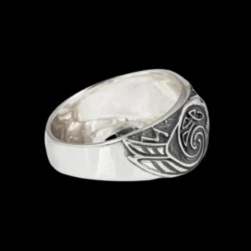 Handcrafted Sleipnir Ancient Ravens Sides Sterling Silver Ring
