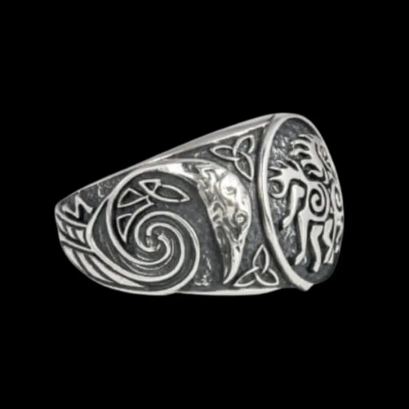 Handcrafted Sleipnir Ancient Ravens Sides Sterling Silver Ring