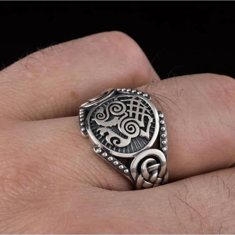 Handcrafted Sleipnir Symbol Viking Ornament Sterling Silver Ring