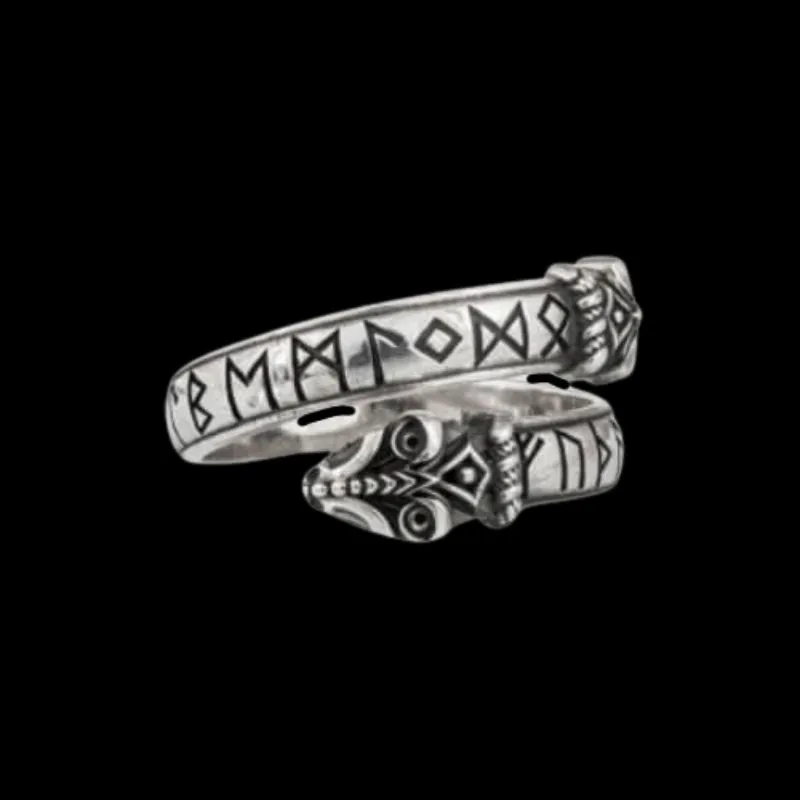 Handcrafted Snake Elder Futhark Runes Sterling Silver Ring