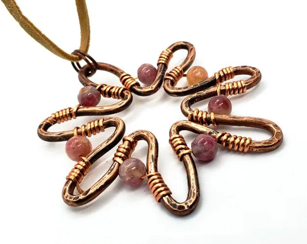 Handcrafted Solid Copper Sunflower Pendant with Pink Rainbow Tourmaline Beads – 20" Faux Leather Rope