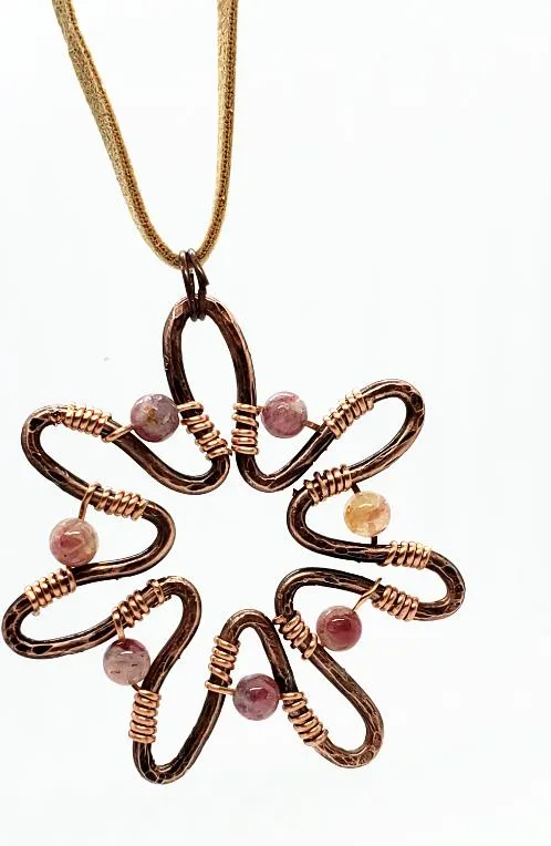 Handcrafted Solid Copper Sunflower Pendant with Pink Rainbow Tourmaline Beads – 20" Faux Leather Rope