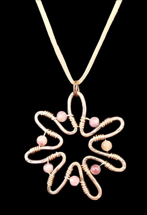 Handcrafted Solid Copper Sunflower Pendant with Pink Rainbow Tourmaline Beads – 20" Faux Leather Rope