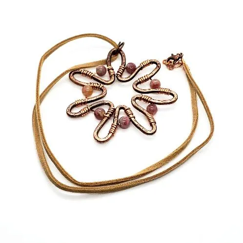 Handcrafted Solid Copper Sunflower Pendant with Pink Rainbow Tourmaline Beads – 20" Faux Leather Rope