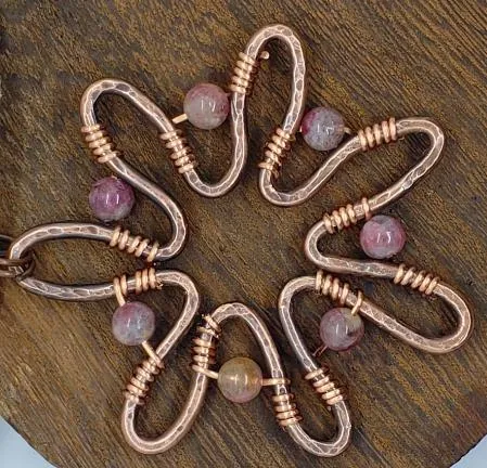Handcrafted Solid Copper Sunflower Pendant with Pink Rainbow Tourmaline Beads – 20" Faux Leather Rope