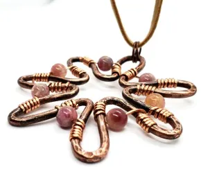 Handcrafted Solid Copper Sunflower Pendant with Pink Rainbow Tourmaline Beads – 20" Faux Leather Rope