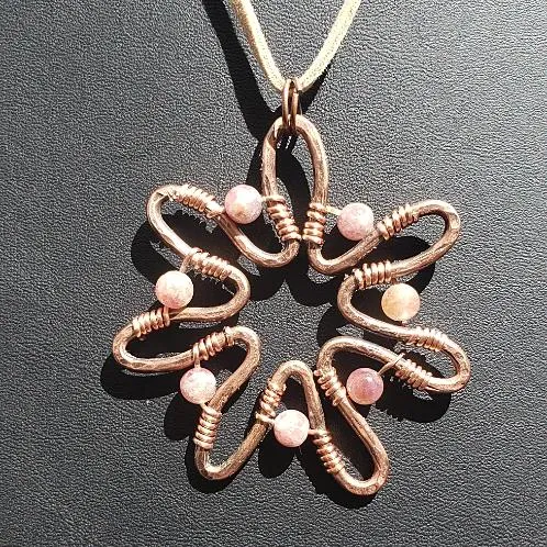 Handcrafted Solid Copper Sunflower Pendant with Pink Rainbow Tourmaline Beads – 20" Faux Leather Rope