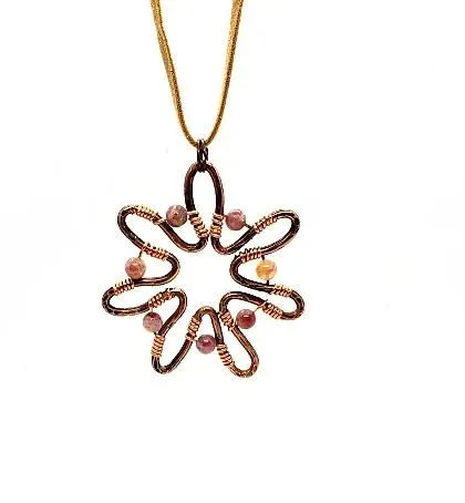 Handcrafted Solid Copper Sunflower Pendant with Pink Rainbow Tourmaline Beads – 20" Faux Leather Rope