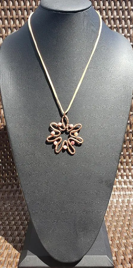 Handcrafted Solid Copper Sunflower Pendant with Pink Rainbow Tourmaline Beads – 20" Faux Leather Rope