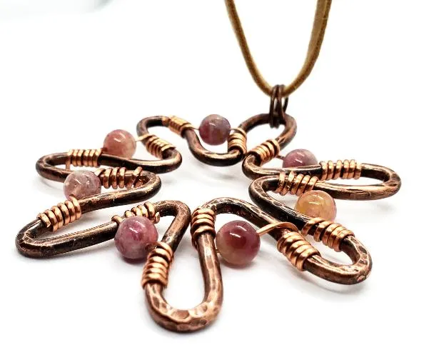 Handcrafted Solid Copper Sunflower Pendant with Pink Rainbow Tourmaline Beads – 20" Faux Leather Rope