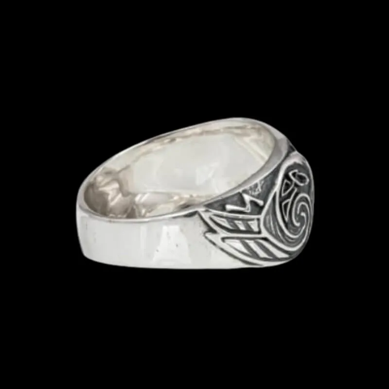Handcrafted Valknut Ancient Ravens Side Sterling Silver Ring
