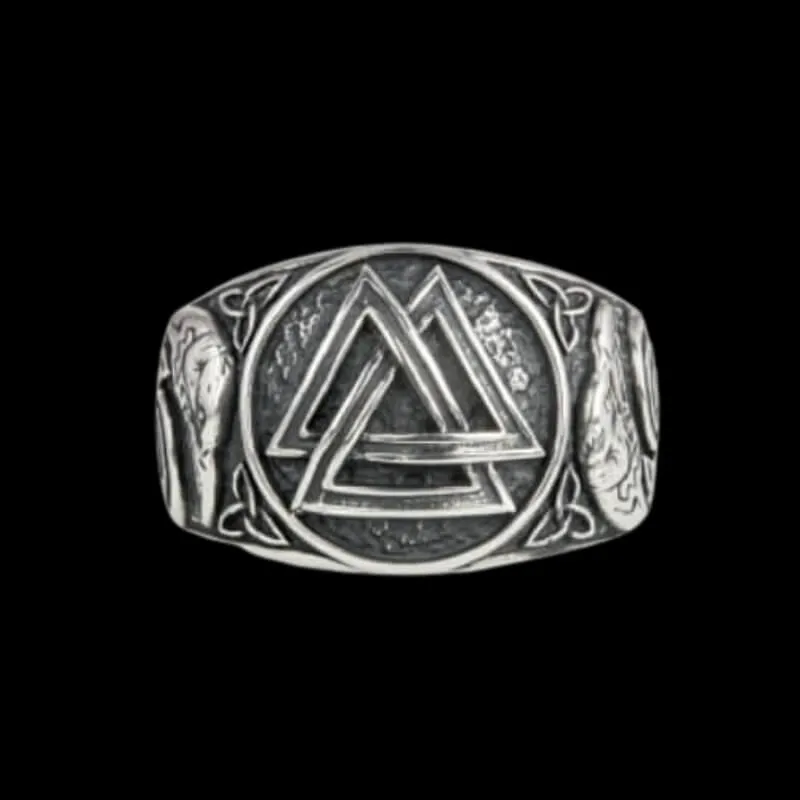 Handcrafted Valknut Ancient Ravens Side Sterling Silver Ring
