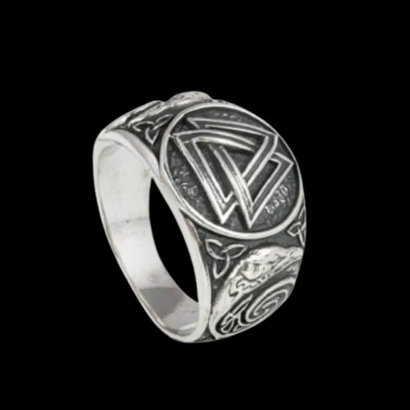 Handcrafted Valknut Ancient Ravens Side Sterling Silver Ring