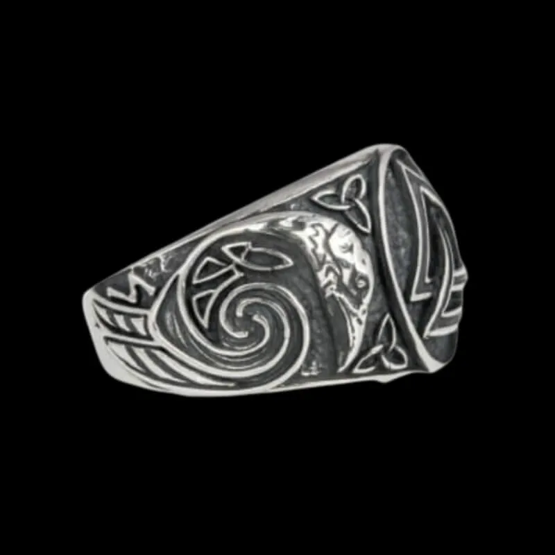 Handcrafted Valknut Ancient Ravens Side Sterling Silver Ring