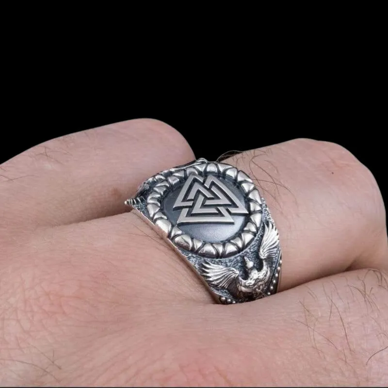 Handcrafted Valknut Symbol Raven Style Sterling Silver Ring