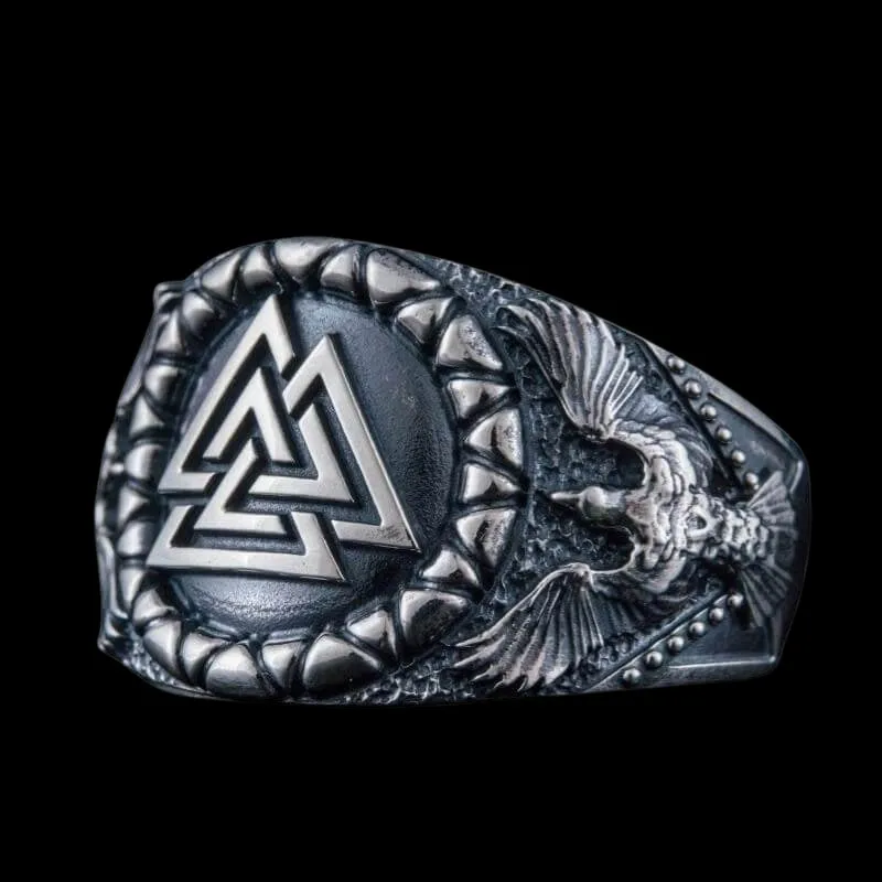 Handcrafted Valknut Symbol Raven Style Sterling Silver Ring