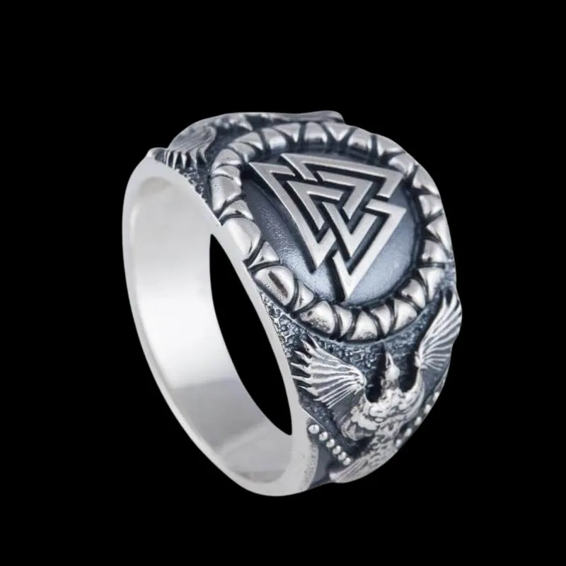 Handcrafted Valknut Symbol Raven Style Sterling Silver Ring